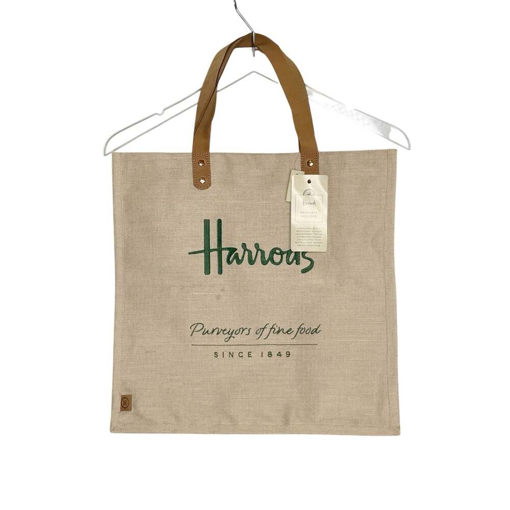 Harrods London Waterproof Shopper Bag Jute Fabric Leather Handles Tan NEW *flaw
